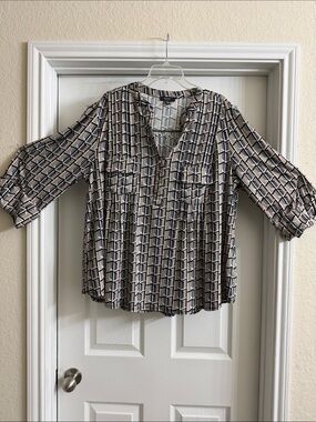 Cocomo Beige and Black Geometric Split-Neck Blouse